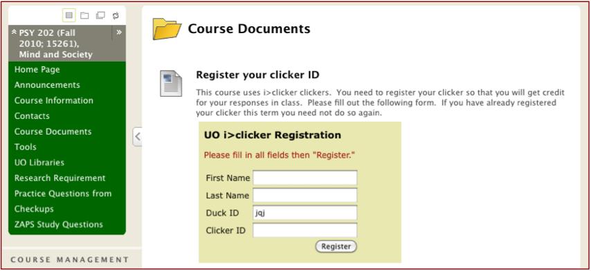 Using blackboard and i>clicker at UO fall 2011 3 3. On the following screen select the blackboard coursesite matching the course for which you are using clickers.