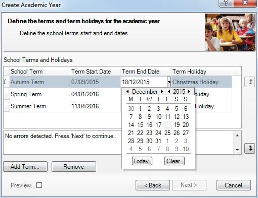 2. Click the Next button to display the Define the terms and term holidays for the academic year page.