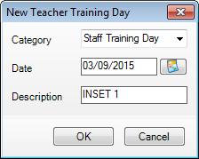1. From the Define teacher training days page, click the Add button to display the New Teacher Training Day dialog. 2. Select Staff Training Day from the Category drop-down list.