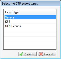 1. Select Routines Data Out CTF Export CTF to display the Select the CTF export type dialog. Highlight the required CTF export type then click the Select button to display the Export CTF page.