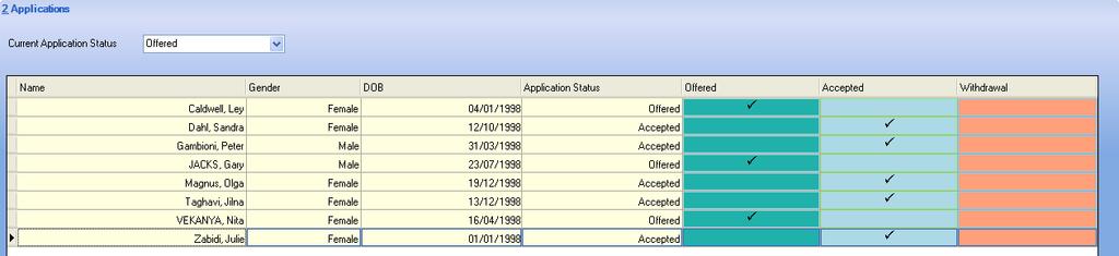 3. Click the Accepted column for each applicant who has accepted a place at your school. To accept, click in the cell to put a tick in it. To withdraw, click the Withdraw column. 4.