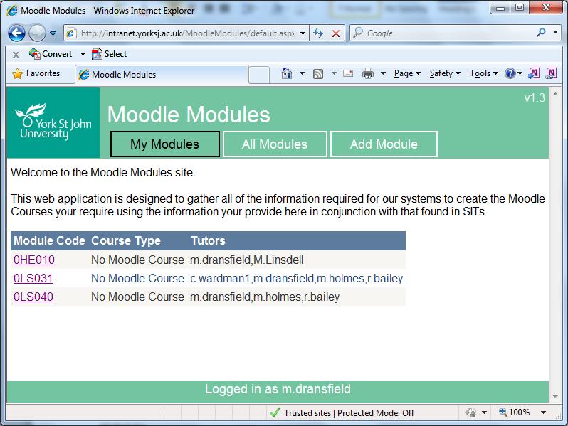 A blank page, with no modules listed, meaning that currently you are not enrolled against any credit bearing modules, as in Figure 1.