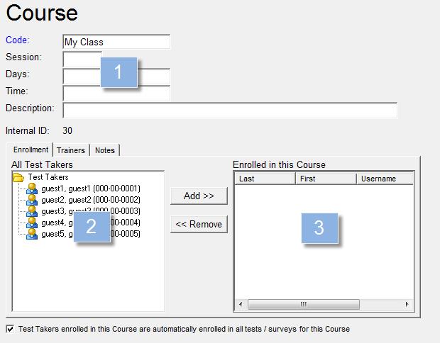Course Information The right side of the screen contains course information. The top section (1) includes: Course (Code) name and Session. Days. Time and Description fields.