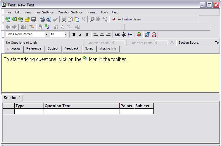 Test Template A new test template includes a standard text menu (1), icon toolbars (2), a series of tabs representing various question parameters