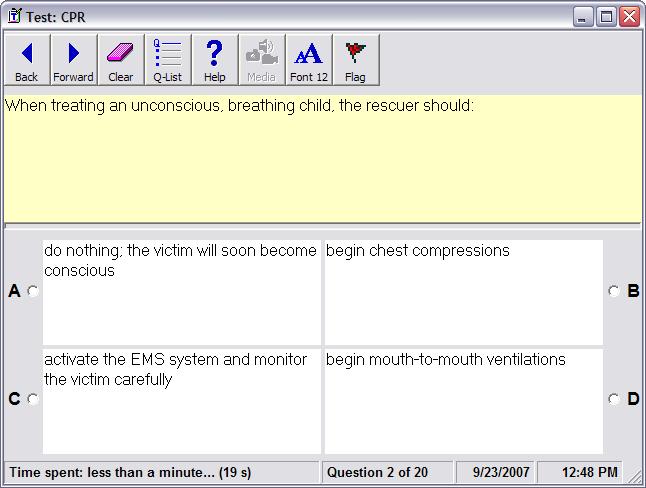 Windows Tester Screen The first CPR test screen, windows Tester. 1 3 2 6 The title bar (1) displays the test name.