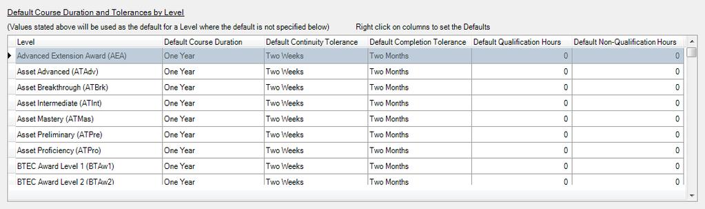 02 Preparing Data for the Previous Academic Year Checking the Default Course Duration and Tolerances by Level Select Tools Academic Management Course Manager Course Manager Settings to display the