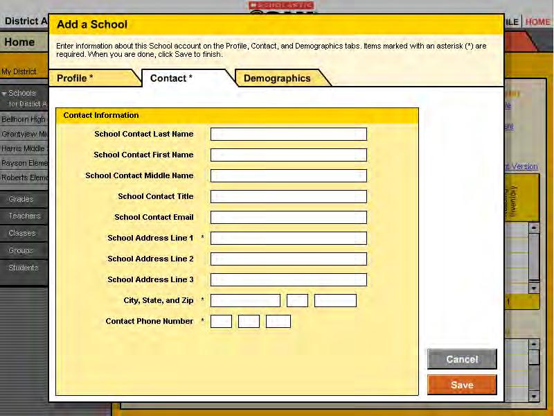4. On the Contact tab, enter information such as title, address, and phone number for the school s contact. The address and phone number are required. 5.