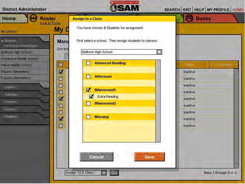 4. To assign several students to a class: Use the pull-down menu to select a school, then click the check boxes to select the class or classes to which the accounts should be assigned.