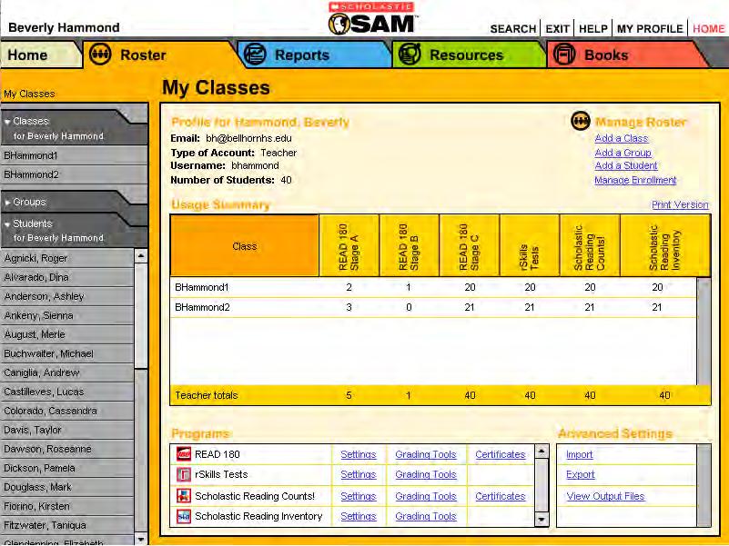 Viewing Program Usage for All Classes The My Classes Screen has a Usage Summary table that displays information about each class that is using Scholastic programs.