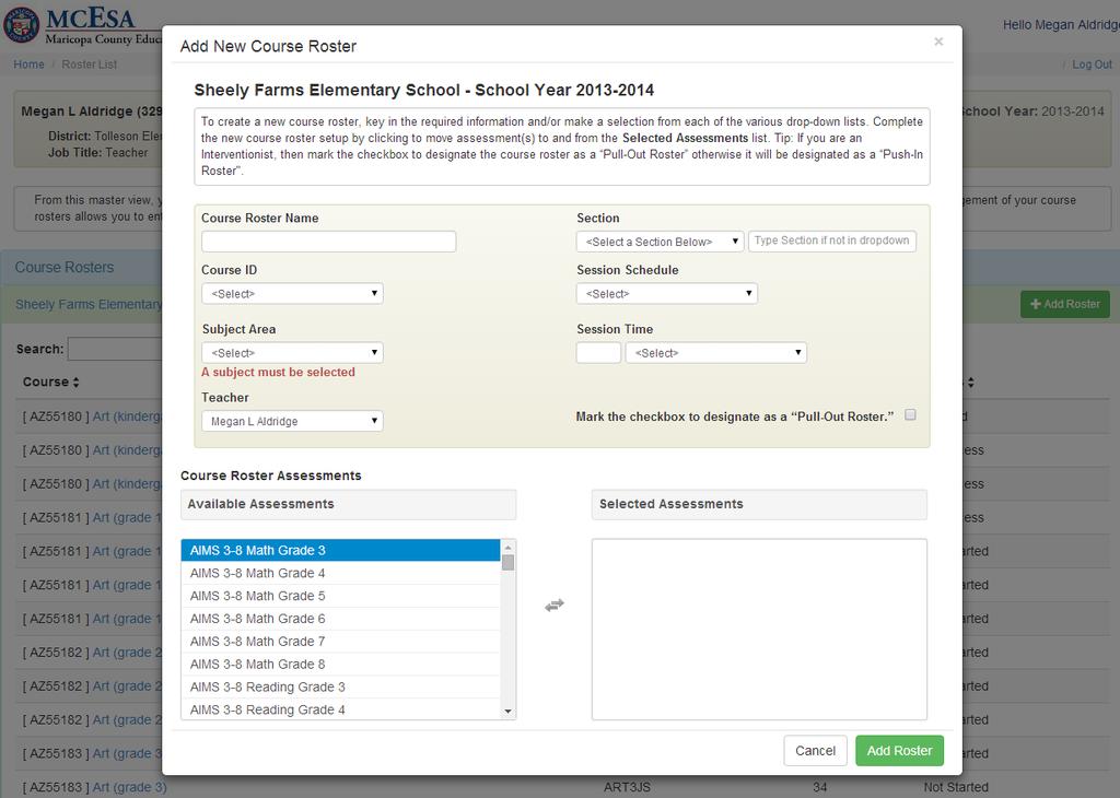 2.3. To create a new course roster, key in the required information and/or make a selection from each of