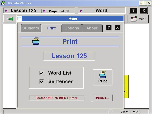 Students view one page at a time and move between pages by using the buttons and controls. There are six different types of pages: Idea, Pattern, Word List, Word, Sight Word, and Sentence.