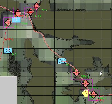 Figure 5 shows a pair of screen captures from the tests. The first is the simulator; the targets are in red, and the computed tracks in pink boxes.