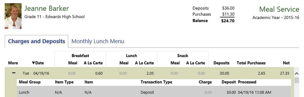 Meal Service The Meal Service screen has two views: student Charges and Deposits, and the Monthly