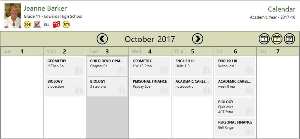 In Week view, all of the events on the calendar display in tiles. Clicking a column heading will take you to the Day view for that date. Clicking a tile will take you to the associated screen.