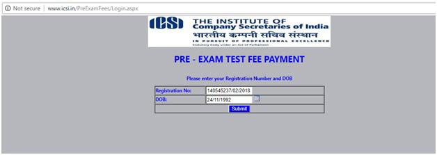 Annexure-1 PROCESS FOR REMITTING THE FEE FOR PRE-EXAMINATION TEST 1.Login Page: Student can login in to the application by entering Registration Number and DOB. http://www.icsi.in/preexamfees/login.