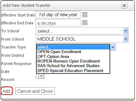A transfer record is added to enter the next school the student will be attending.
