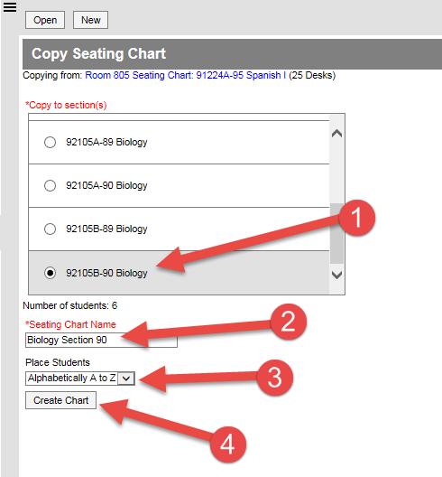 9. Select the Section you want the layout to copy to Enter a Seating Chart Name Select