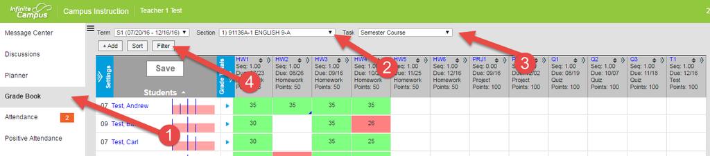 How to Use Filters in the Gradebook Teacher can isolate the display to only show a specific assignment by utilizing the filters in Infinite Campus. To use the Filters: 1.