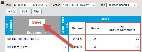 2. Select the Term Select the Grading Task (i.e. Progress Report) Click OK 3. Click on OK NOTE: The teacher has the option to a manual override of the student s grade.
