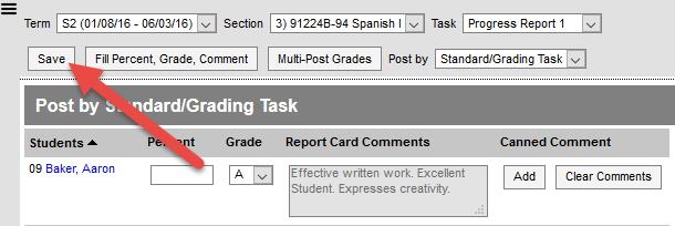 5. Click on Save NOTE: Teachers will have the option to use the Fill Percent, Grade, Comment.