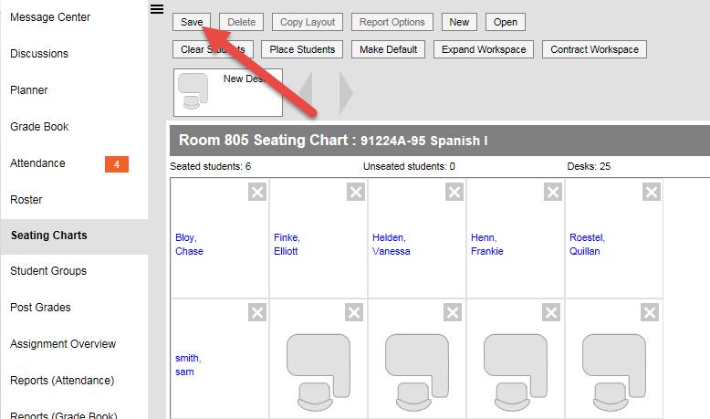 NOTE: You can move around a desk by clicking on the name of the student and hold and drag the desk icon to the desired position.