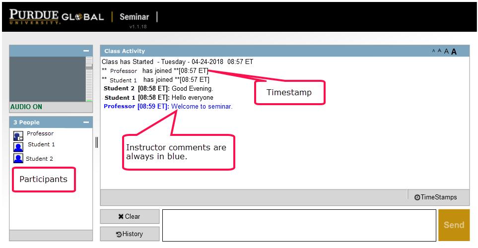 [k11][md12] The following are some important things to note about user events and posts in the Class Activity area: A timestamp appears whenever someone enters the seminar, exits the seminar, or