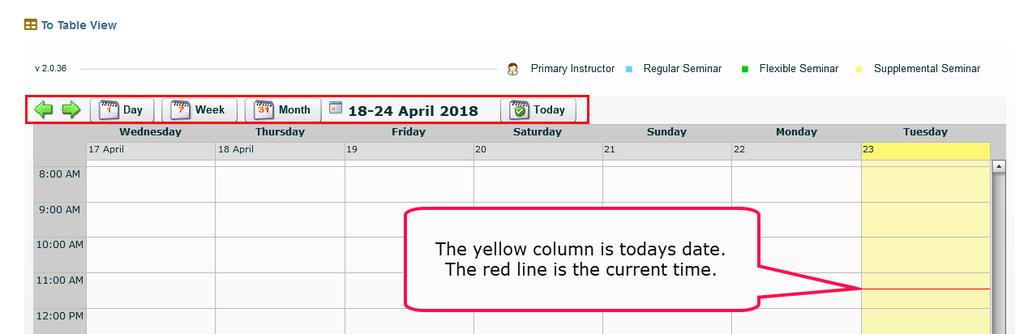[k7][md8] Above the calendar in the upper-right corner is a legend that details the icon used to represent your primary instructor and which colors symbolize regular seminars, flexible seminars, and