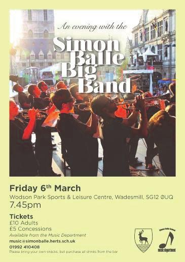 A reminder that next half term we have the Big Band Evening on Friday 6 th March and the Strings and Singing Concert on Saturday 28 th March tickets for both are available