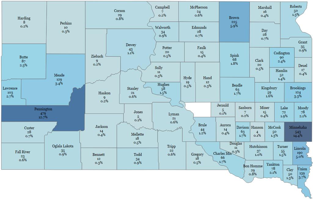 Figure 10a shows the distribution of South Dakota counties from which teacher education graduates matriculated, and Figure 10b shows the