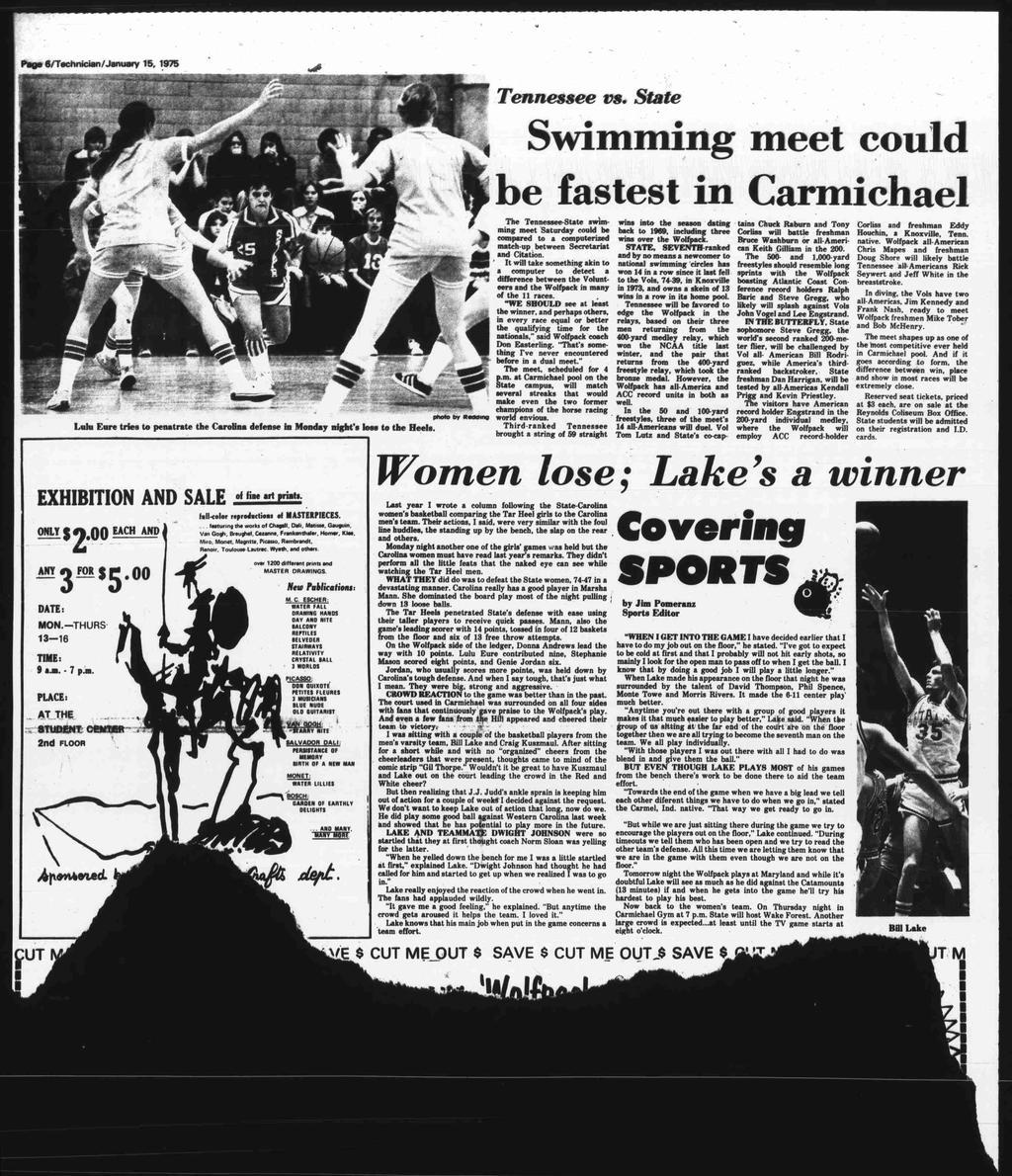 ' Paced/Technician/Januaw 15, 1975 Tennessee vs State be fastest in Carmichael The TennesseeState swimming meet Saturday wins into season dating 'tains could be Chuck Raburn Tony back to 1969