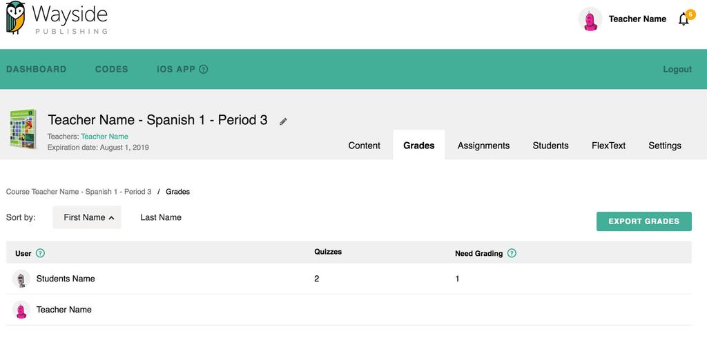 GET TIN G S TAR TED GUIDE V. 1. 0 Grades The Grades tab shows the results of your student s (and your own!) submissions. Quizzes: The number of quizzes this student/teacher has taken.