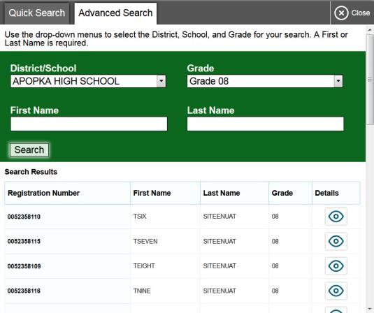 Enter a student s full Registration Number* and click Registration Number. Search results appear below the search field.