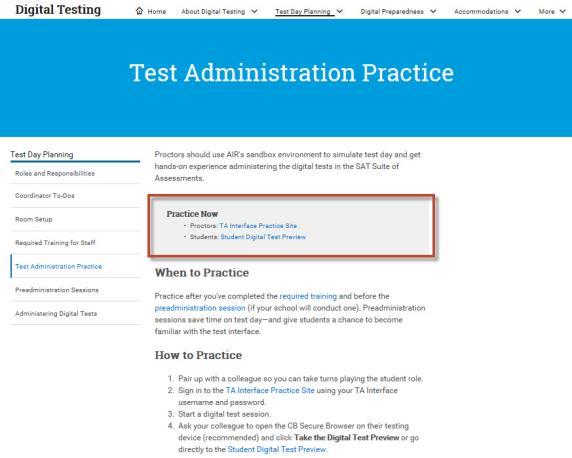 The Test Administration Practice page of the digital testing portal appears. 3.