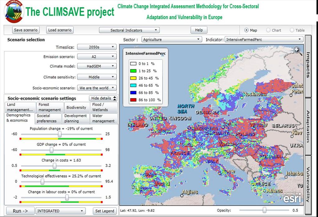 Figure 3: Latest version of the Impacts screen of the CLIMSAVE IA Platform User Interface Vulnerability screen identify which areas or hot spots in Europe or Scotland are vulnerable to climate change