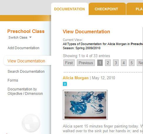 In the example below, we have limited the View Documentation screen to one child, Alicia Morgan, for the Spring 2009/2010 checkpoint.