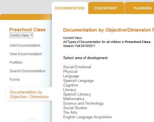 Documentation View by Objective/Dimension Knowing how many times an objective or dimension has been associated with a piece of documentation for one or more children in your class can be helpful when