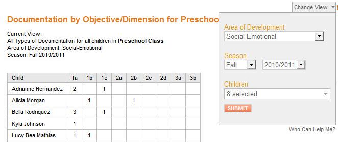 Click here to view documentation by Objective/Dimension Once you select an area (in this case, Cognitive) you will see a table containing data for all the children in your current class (this is the