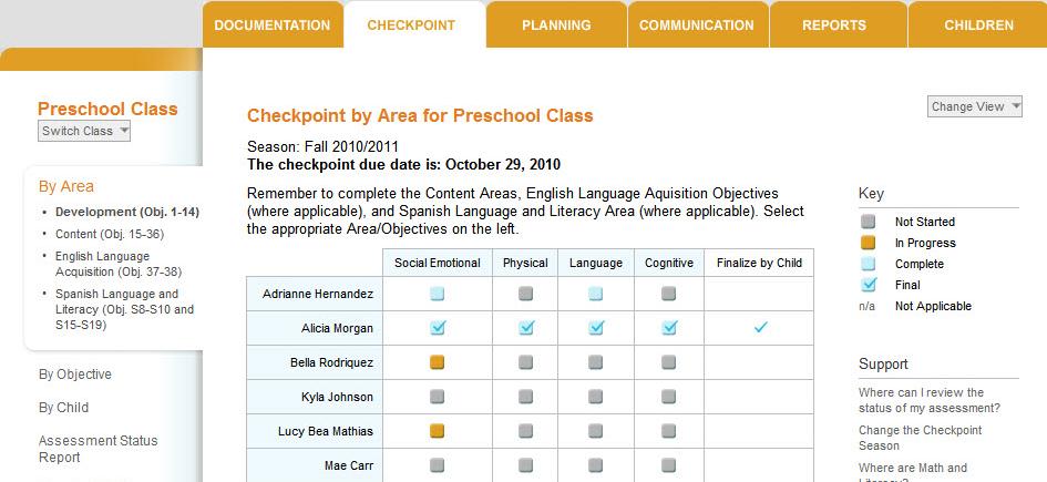 Checkpoint Process View by Area Tip: English Language Acquisition and Spanish Language and Literacy objectives will appear only if you have identified children to be assessed on these objectives.