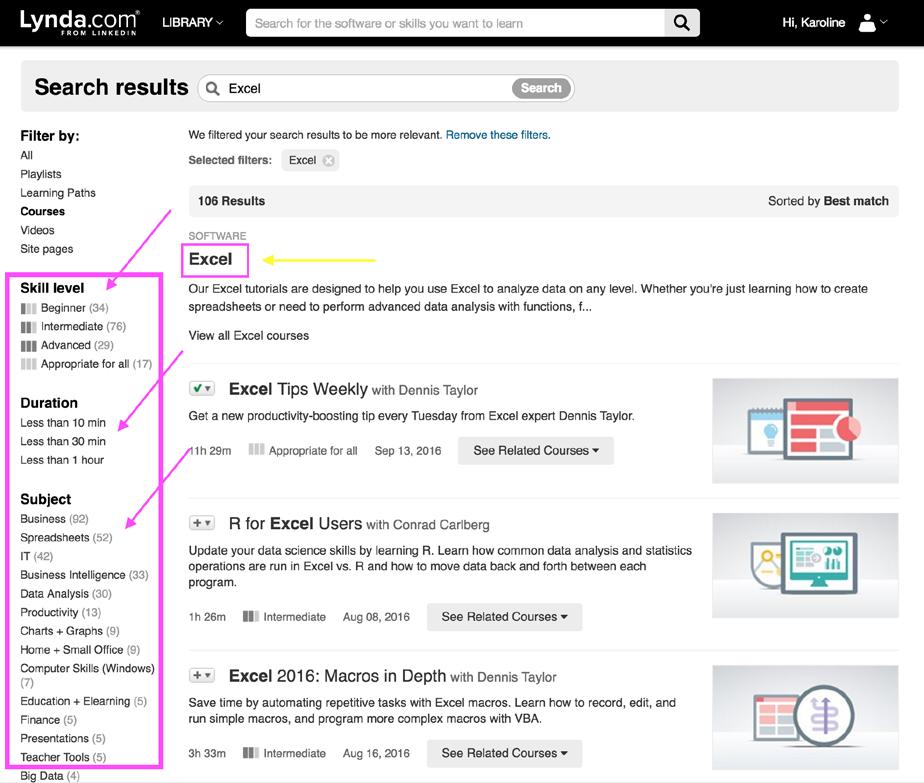 iii) Find by Key Words within video content Once you select a subject, Lynda.com will take you to your search results.