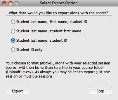 When you export sessions, you will be prompted to select the student information that you would like to include along with the scores.