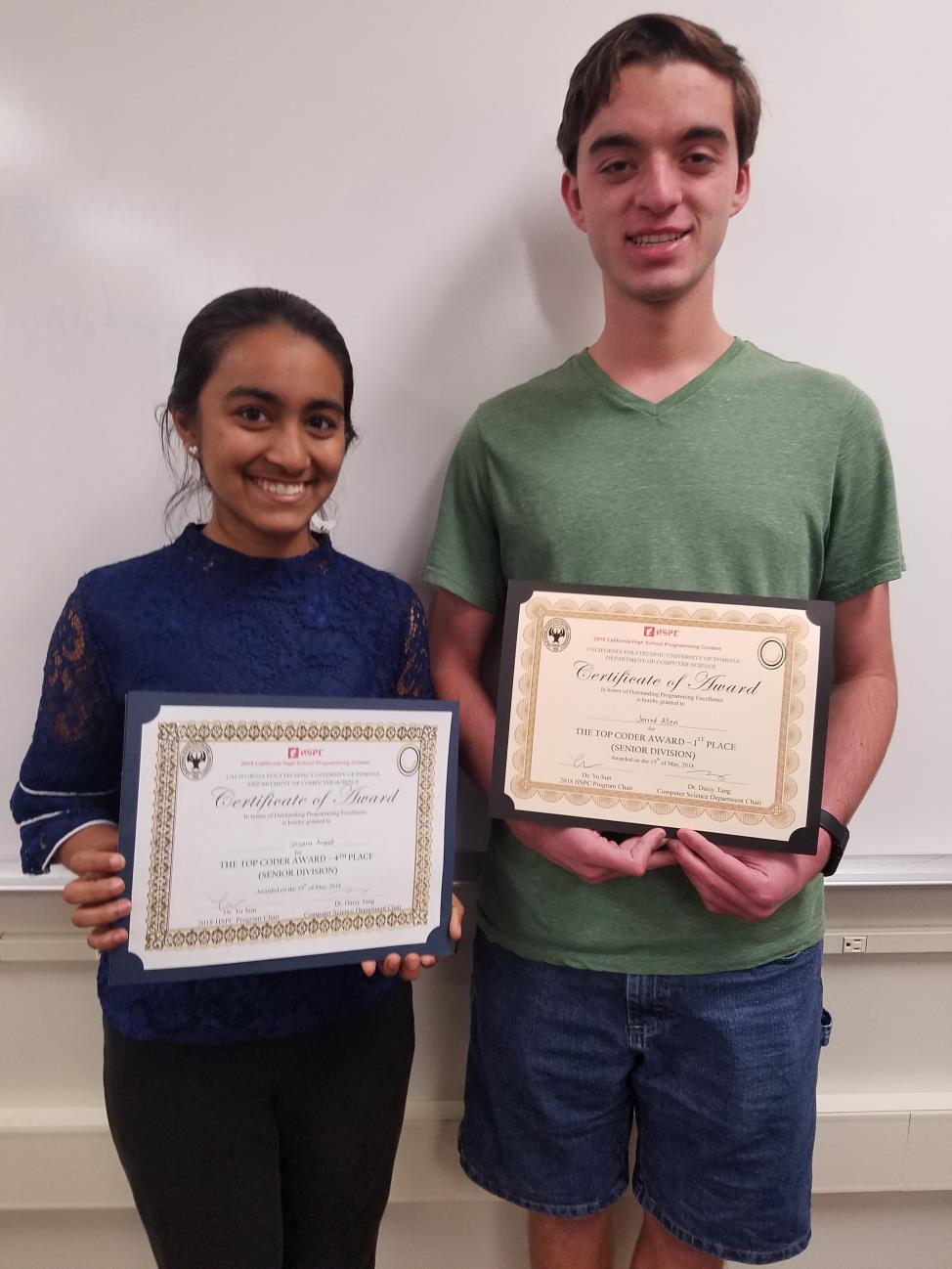 Open Division, and the Top Coder Award, and Shivana took fourth. Additionally, Shivana earned first place as the top female programmer and took home the Grace Hopper Award for that achievement!