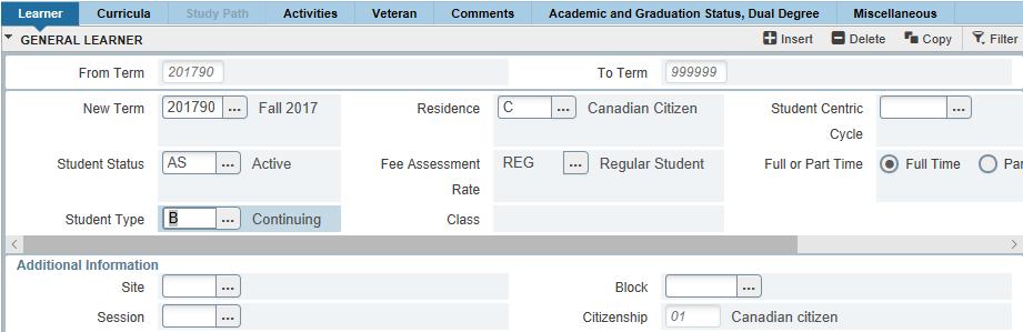 Go to SGASTDN. Enter the student number in the ID field, leave the TERM field blank, and click GO. 2. Click the LOOKUP [...] button next to the NEW TERM field and select CREATE NEW EFFECTIVE TERM. 3.