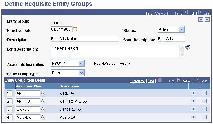 Chapter 1 Setting Up Enrollment Requisites Page Used to Define Enrollment Requisite Entity Groups Page Name Definition Name Navigation Usage Define an Entity Group SSR_RQ_ENTITY_GRP Curriculum