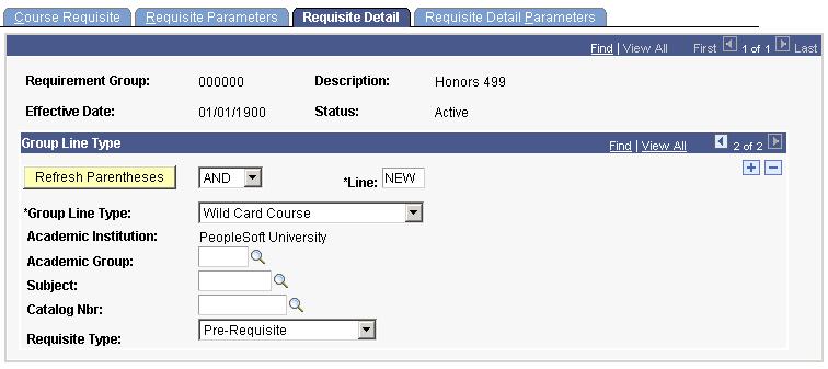 Setting Up Enrollment Requisites Chapter 1 Creating a detail line for wild card course (CRSE_RQS_RSTR_DET) On the Wild Card Course Detail Requisite Detail page, select the Exclude In-Progress Credit