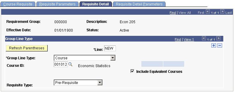 Setting Up Enrollment Requisites Chapter 1 Creating a course prerequisite detail Line (CRSE_RQS_RSTR_DET) This requisite enables both students with ECON 115 in-progress and students with ECON 115