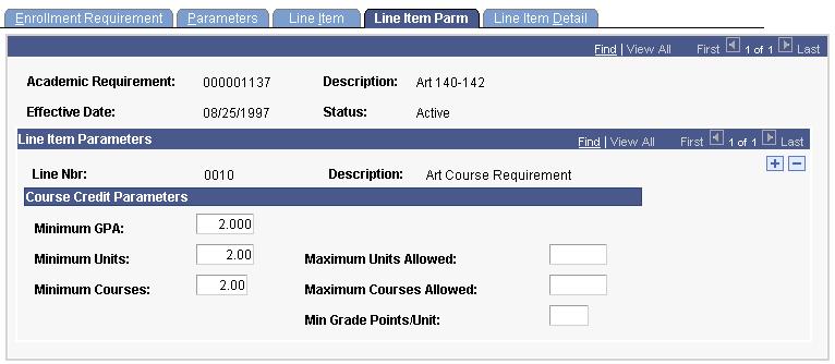 Chapter 1 Setting Up Enrollment Requisites Line Item Parm page (when the line type is Course Requirement) If the line type is Condition, no fields appear on the Line Item Parm page.
