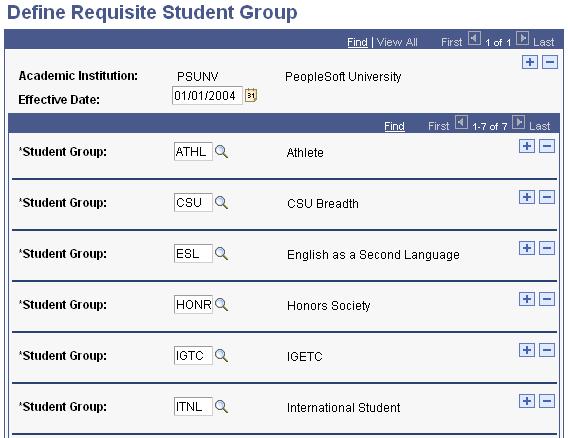 Chapter 1 Setting Up Enrollment Requisites Define Requisite Student Group page Use this page to identify the student group codes that you want to use in conditions in enrollment requirement groups