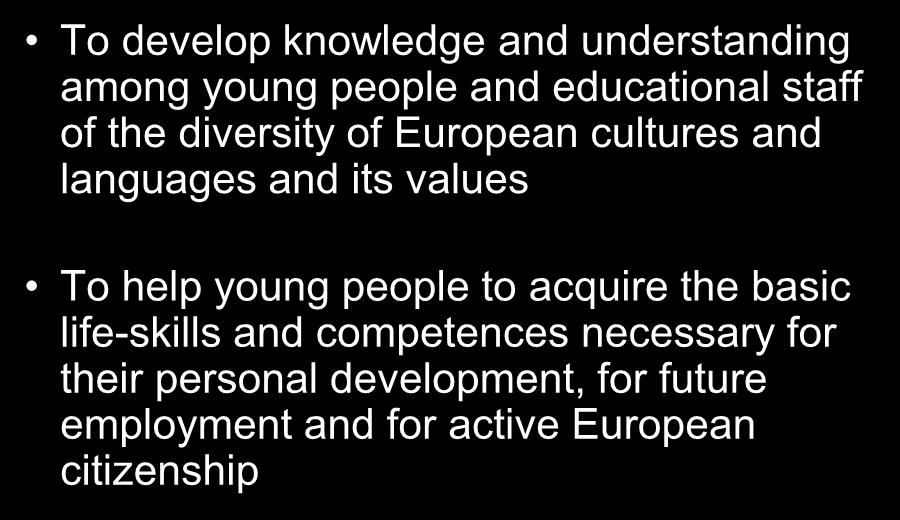 Comenius aims To develop knowledge and understanding among young people and educational staff of the diversity of European cultures and languages and its values To