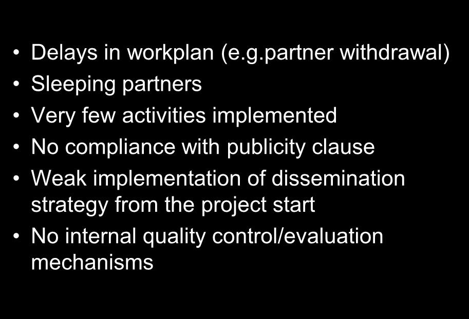 Negative Indicators: Delays in workplan (e.g.partner withdrawal) Sleeping partners Very few activities implemented No compliance with