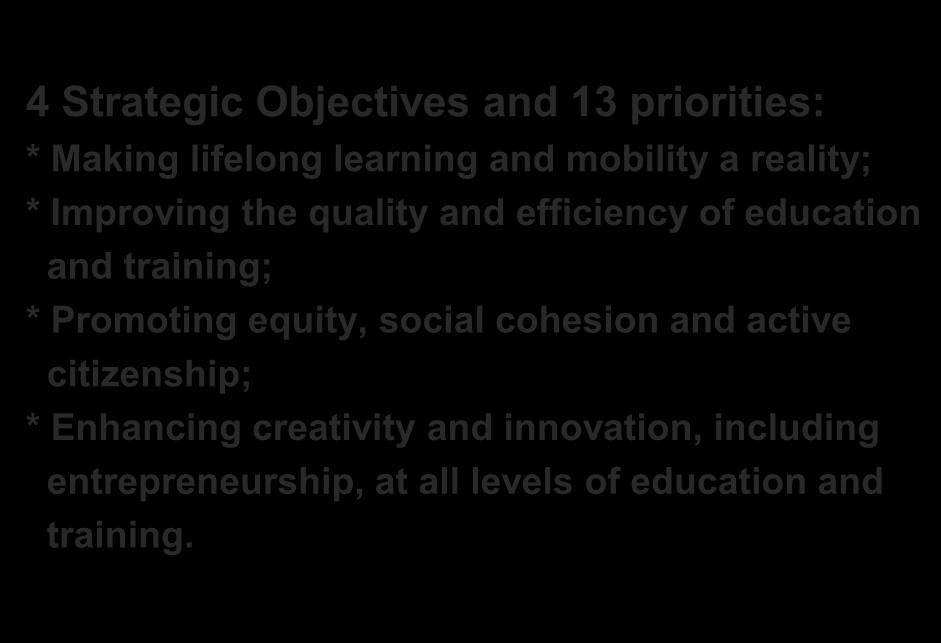 General Approach of the ET 2020 4 Strategic Objectives and 13 priorities: * Making lifelong learning and mobility a reality; * Improving the quality and efficiency of education